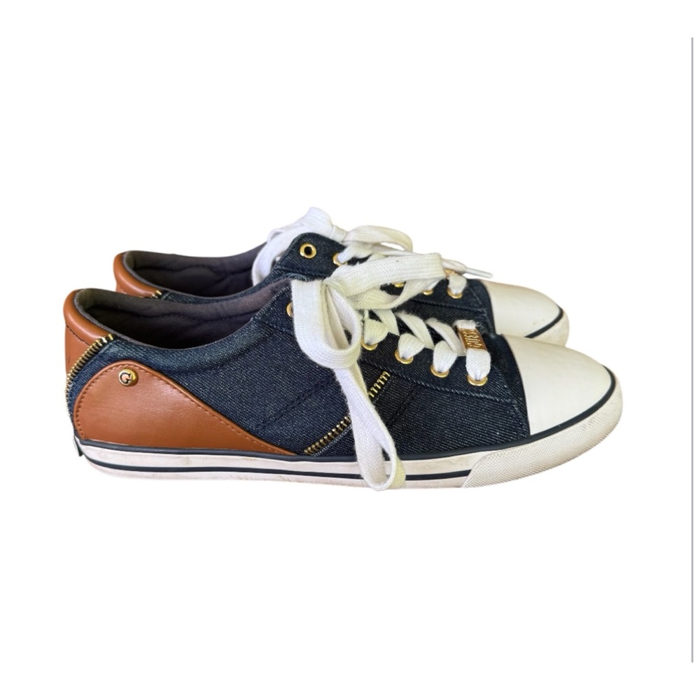 Guess Women's Denim & Brown Faux Leather Zip Sneakers WGHartly 2-C Blue Size 7.5